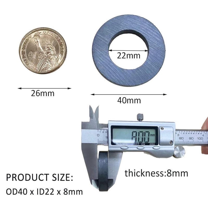 AOAUTO Ferrite Ring Magnets with Holes,OD40 x ID22 x 8mm Round Disc Donut Circle Hole Magnet for Crafts and DIY - Pack of 8 - Image 2